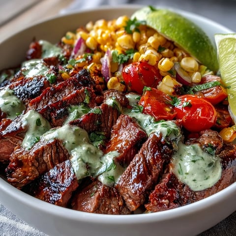 Sliced steak and charred roasted corn fill this Steak, Avocado, and Roasted Corn Bowl with bright cherry tomatoes and creamy avocado slices drizzled with zesty cilantro cream sauce.