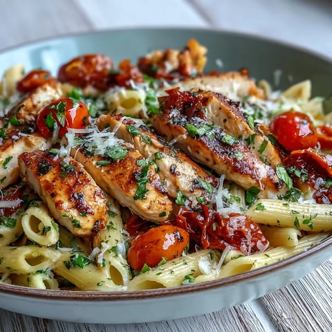 Golden-seared chicken, juicy cherry tomatoes, and fresh basil combine in this Bruschetta Chicken Pasta served in a white bowl.