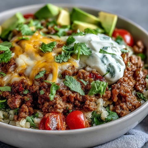 Hot Low Carb Burrito Bowl with seasoned ground beef, cauliflower rice, and fresh avocado.