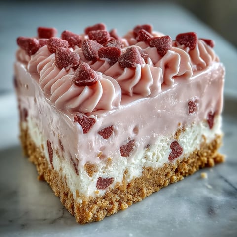 Creamy Candy Hearts Fake Cake slices with a graham cracker crust, pink whipped frosting, and pastel candy hearts for a sweet celebration.