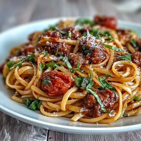 A close-up of Italian Drunken Noodles, featuring al dente spaghetti tossed in a rich red wine tomato sauce with plump shrimp and fresh basil leaves.