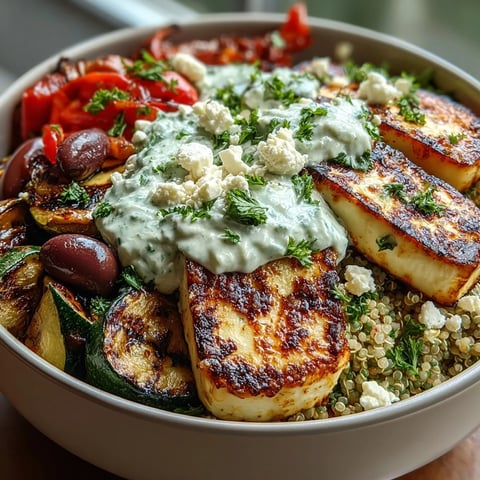 The Healthy Grilled Mediterranean Bowl features charred zucchini, bell peppers, and tender chicken over fluffy quinoa. Finished with crumbled feta, briny olives, and a creamy tzatziki drizzle, it's perfect for summer dinners. 