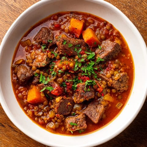 A close-up of the One-Pot Spicy Beef and Lentil Soup, garnished with fresh cilantro and lemon.