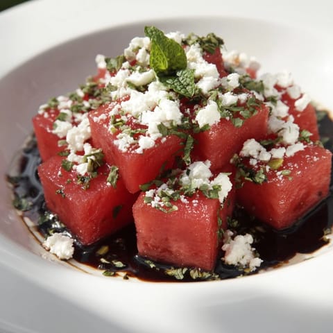 Cool, refreshing Fresh Watermelon and Feta Salad with Balsamic Glaze, perfect for a sunny day.