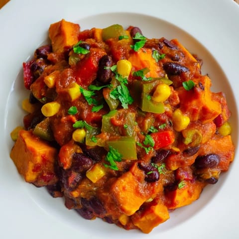 A steamy bowl of Smoky Sweet Potato Chili topped with fresh cilantro, perfect for a chilly evening.