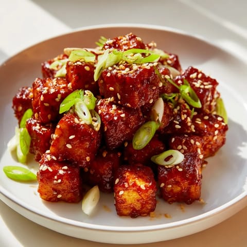 Crispy honey gochujang tofu, beautifully glazed and ready to eat as an exciting Korean-inspired dish.