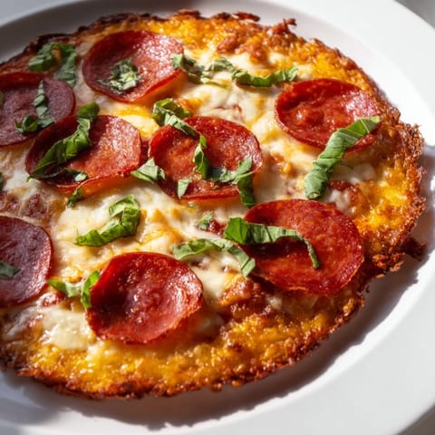 Golden-brown ground beef pizza base: a gluten-free delight, complete with bubbly cheese and pepperoni.