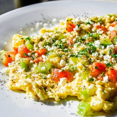 Savor the delicious colors of this Turkish Menemen; golden eggs and rich tomato sauce are delightful.
