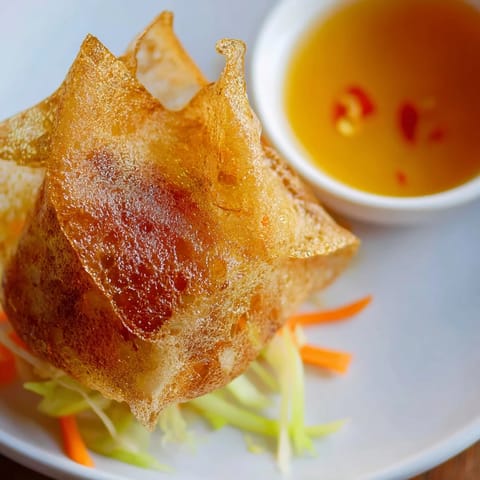 A close-up of four crispy rice paper dumplings on a white plate with fresh scallions and a small bowl of spicy dipping sauce.  