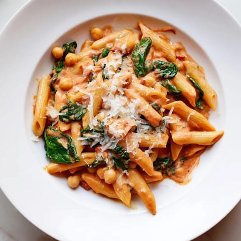 A close-up of Creamy Tuscan Chickpea Pasta, garnished with fresh basil and grated Parmesan, steaming on a rustic wooden table.  