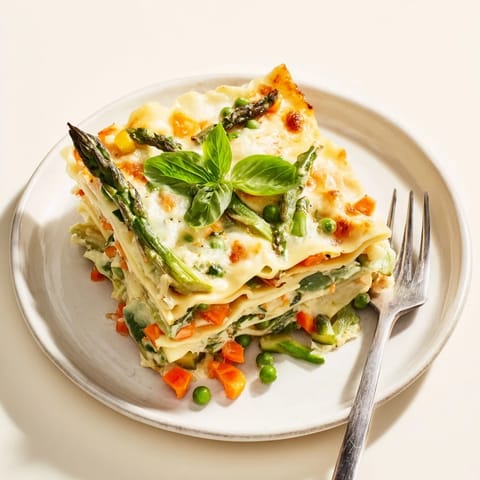 Tender zucchini, carrots, and peas nestled in creamy Alfredo sauce make this Spring Veggie Alfredo Lasagna a bright main dish.