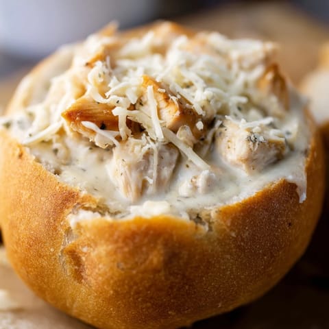 Steaming chicken Alfredo served in a hollowed-out crusty bread bowl, perfect for a cozy, hearty Italian-American family meal.