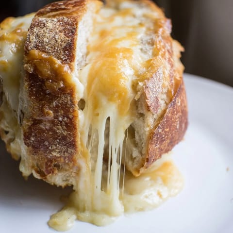 Hearty Triple Cheese Sourdough Grilled Cheese served hot, perfect with a creamy bowl of tomato soup on the side.