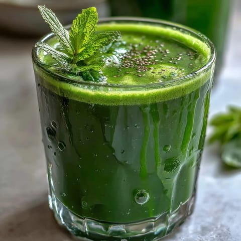A bright, blended Green Detox Smoothie, showing nourishing greens and chia seeds.
