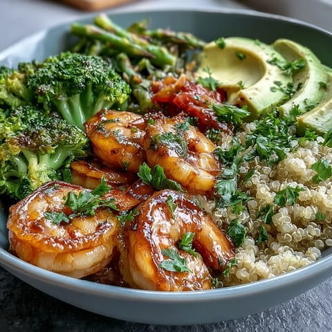Delectable Detox Buddha Bowl with Shrimp, vibrant veggies, and creamy avocado drizzled.