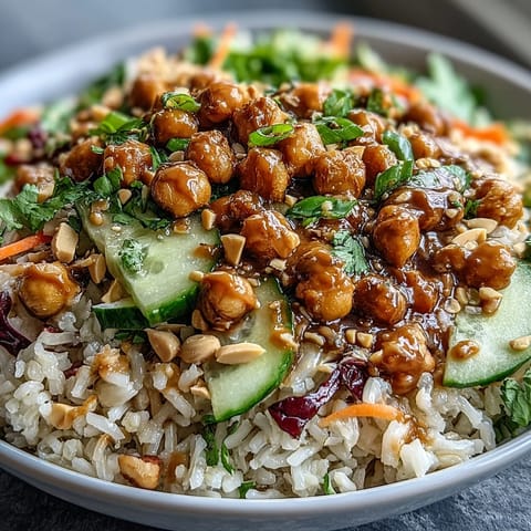 Savory and zesty Peanut Chickpea Rice Bowl, perfect healthy vegan lunch.