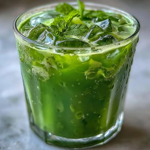 A refreshing Celery Ginger Lemon Juice served in a clear glass over ice, garnished with fresh mint and a lemon slice for a vibrant morning reset.  