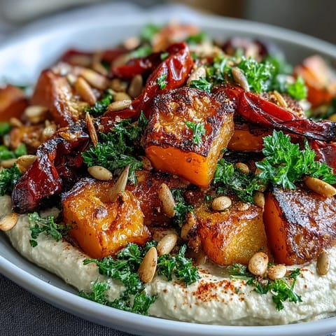 Vibrant Roast Squash and Hummus Winter Salad with crunchy toasted seeds.