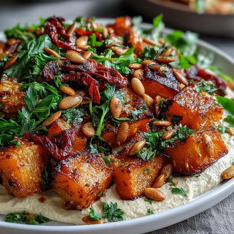 Hearty Roast Squash and Hummus Winter Salad, perfect as a satisfying main dish.