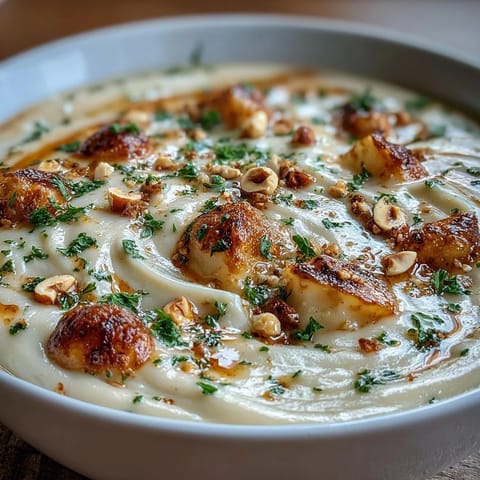 Creamy celeriac soup with a savory hazelnut crumble topping, served hot.