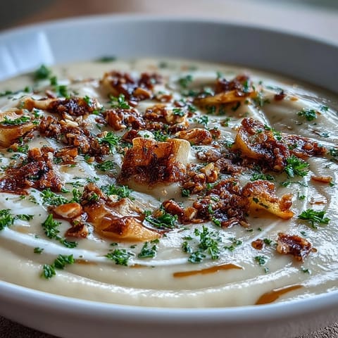 Velvety celeriac soup crowned with crunchy, toasted hazelnuts for texture.