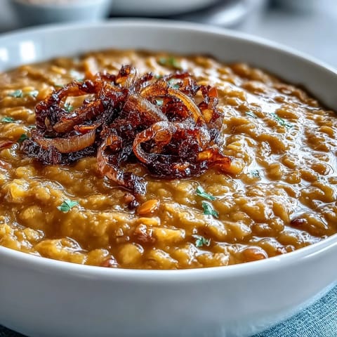 A hearty bowl of red lentil dhal paired with crispy, golden cumin-roasted cauliflower for a vegan meal.  