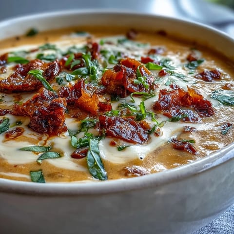 Creamy Tuscan White Bean Soup with golden pancetta, sun-dried tomatoes, and herbs served steaming in a rustic bowl.