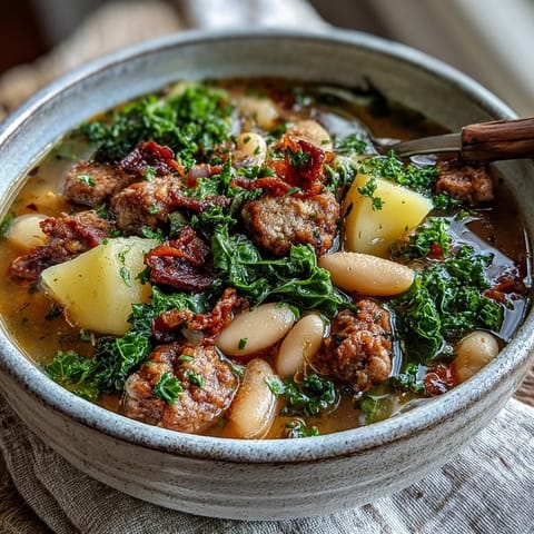 Hearty Tuscan White Bean Sausage Soup simmering in a Dutch oven, with tender potatoes, carrots, and herbs in a rustic, golden broth.