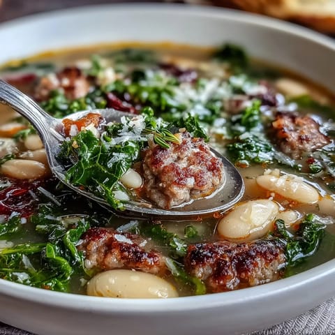 Close-up of Italian White Bean Soup with Kale and Sausage featuring creamy beans, vibrant green kale, and chunky sausage pieces.