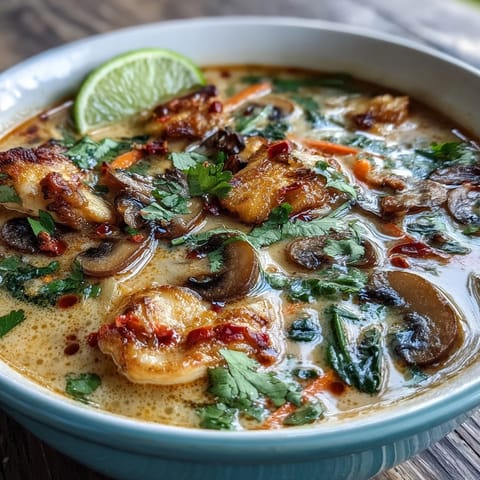 Steaming Thai Coconut Curry Soup served in a rustic bowl, garnished with fresh cilantro and lime wedges, highlighting vibrant vegetables and chicken.