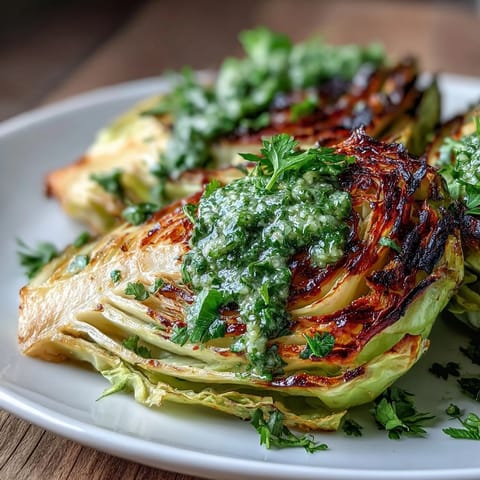 Roasted cabbage steaks with jalapeño chimichurri served on white plate with fresh herbs.