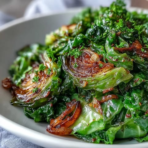 Tender green cabbage and red onion caramelized with cumin and paprika, served as a bright Mediterranean side dish with lemon.