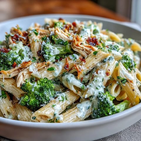 Bright green broccoli florets and juicy shredded rotisserie chicken in a creamy Greek yogurt Parmesan sauce coat whole-wheat penne in a skillet.