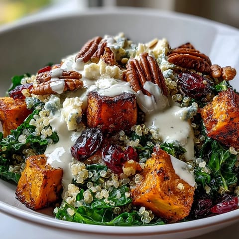 Golden roasted sweet potatoes and fluffy quinoa form the base of this vibrant Harvest Kale Quinoa Bowl, topped with crisp kale and creamy blue cheese.  