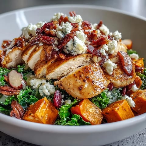 Golden roasted sweet potatoes, sliced chicken, crisp apples, and creamy goat cheese in a Fall Sweet Potato Harvest Bowl.