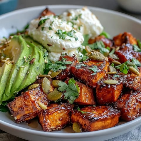 Sliced avocado and cottage cheese top the Hot Honey Sweet Potato Bowl, garnished with fresh herbs and seeds.