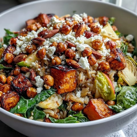 Fall Harvest Bowl with kale, wild rice, and roasted sweet potatoes, topped with Brussels sprouts, crispy chickpeas, and crumbled feta cheese.