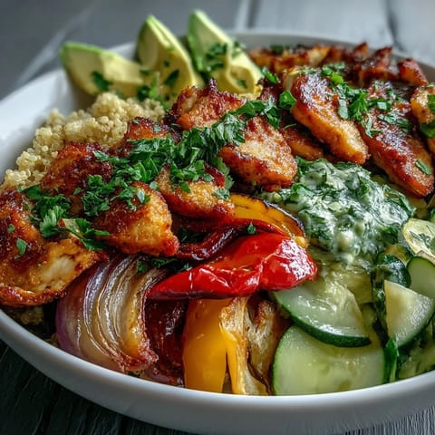 A vibrant Paprika Roasted Vegetable Quinoa Bowl with crisp lemon salad, golden chicken, and colorful roasted veggies.  