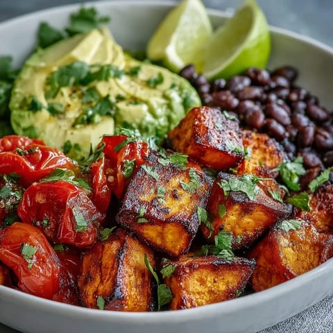 Roasted sweet potatoes and black beans in a colorful bowl with cherry tomatoes, red onion, and zesty cilantro garnish.