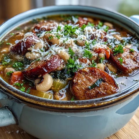 A close-up of ladled Black-Eyed Peas and Sausage Soup, featuring tender vegetables and crumbled Italian sausage in savory broth.