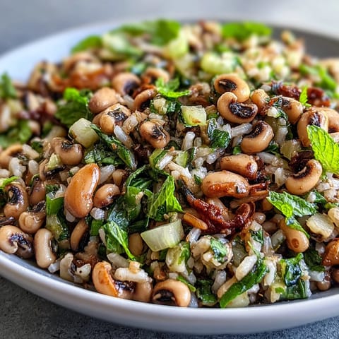 Fresh Southern Black Eyed Pea Salad served chilled in a white bowl with a lemon-mint vinaigrette and crisp vegetables.