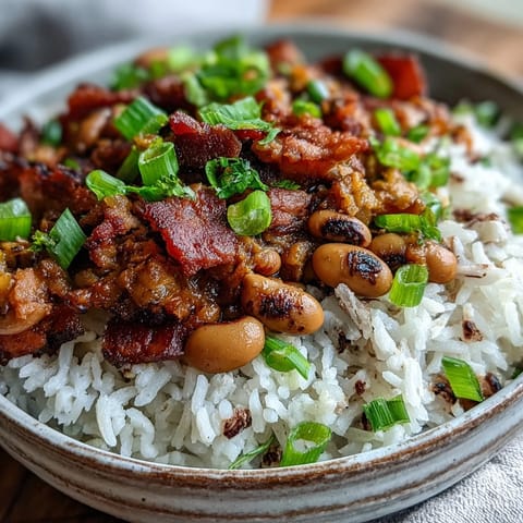 A warm bowl of Southern Hoppin John topped with crispy bacon and fresh scallions, ready to serve as a lucky New Year's main dish.