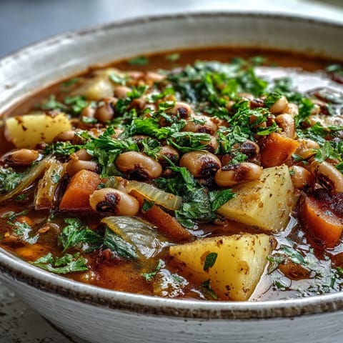 Steaming bowl of Black-Eyed Pea Stew with Chefs Touch, garnished with fresh parsley, served beside crusty bread.