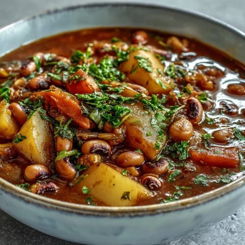 Close-up of Black-Eyed Pea Stew with Chefs Touch, featuring tender vegetables and rich tomato broth in a rustic pot.