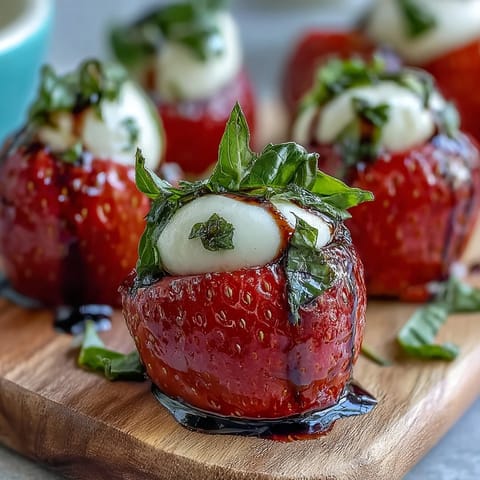 Vibrant strawberry caprese skewers with fresh mozzarella and basil, drizzled with balsamic reduction for a sweet-tangy summer appetizer.