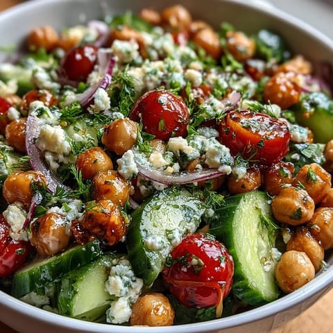 Healthy Easy Cucumber Chickpea Salad with Lemon Vinaigrette: vibrant, protein-rich salad with crisp cucumbers, juicy tomatoes, and fresh herbs.  