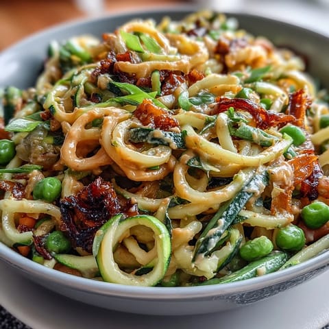 Vibrant zucchini noodles stir-fried with crisp vegetables and drizzled with creamy peanut sauce. Healthy, colorful, and perfect for a quick dinner.