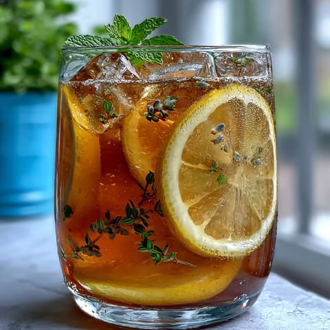 A pitcher of lavender honey lemonade with lemon slices and fresh lavender, offering a fragrant, floral twist on classic lemonade.