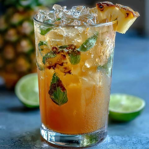 Refreshing pineapple basil agua fresca with vibrant tropical flavors and fresh herbs in a clear glass pitcher.