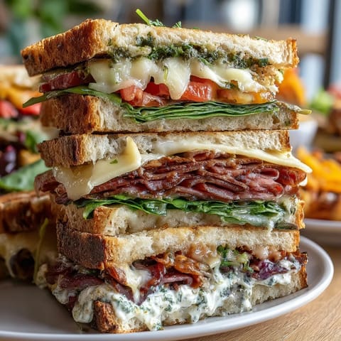 Loaded deli sandwich board with assorted meats, cheeses, and fresh vegetables on a rustic wooden board.